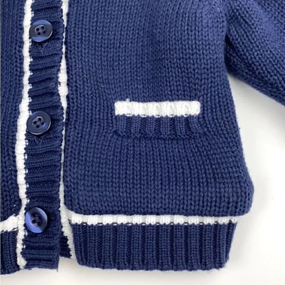 NWT BEANSTORK Baby HOODED CARDIGAN Jacket Blue White Knitted Fax Fur Lining 3M